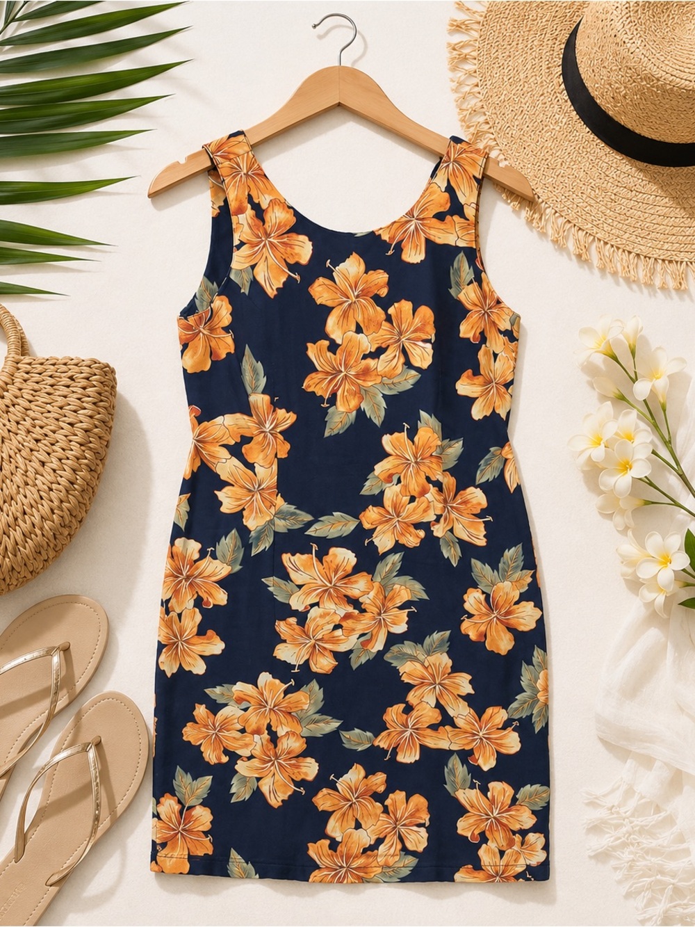 Vintage Pineapple Moon Navy Floral Silk Sundress with Orange Blossoms Size Sm